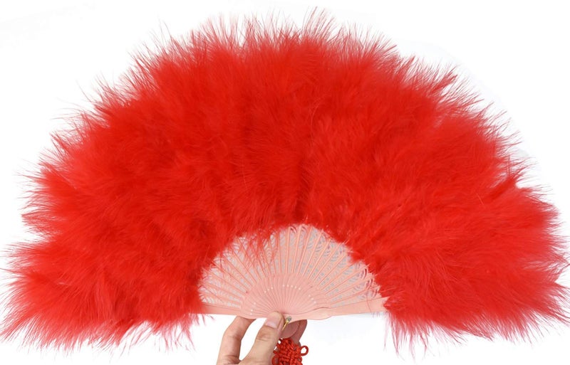 Happy Feather Handheld Marabou Feather Fan, 1920s Vintage Style Flapper Hand Fan for Costume Party and Dancing-RED - Image 4